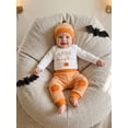 thumbnail image 4 of Loicainy Infant Baby Boy Halloween Outfits 3 6 12 18 Month Pumpkin Letters Embroidery Long Sleeve Crew Neck Romper Striped Pants and Hat Clothes Set, 4 of 8
