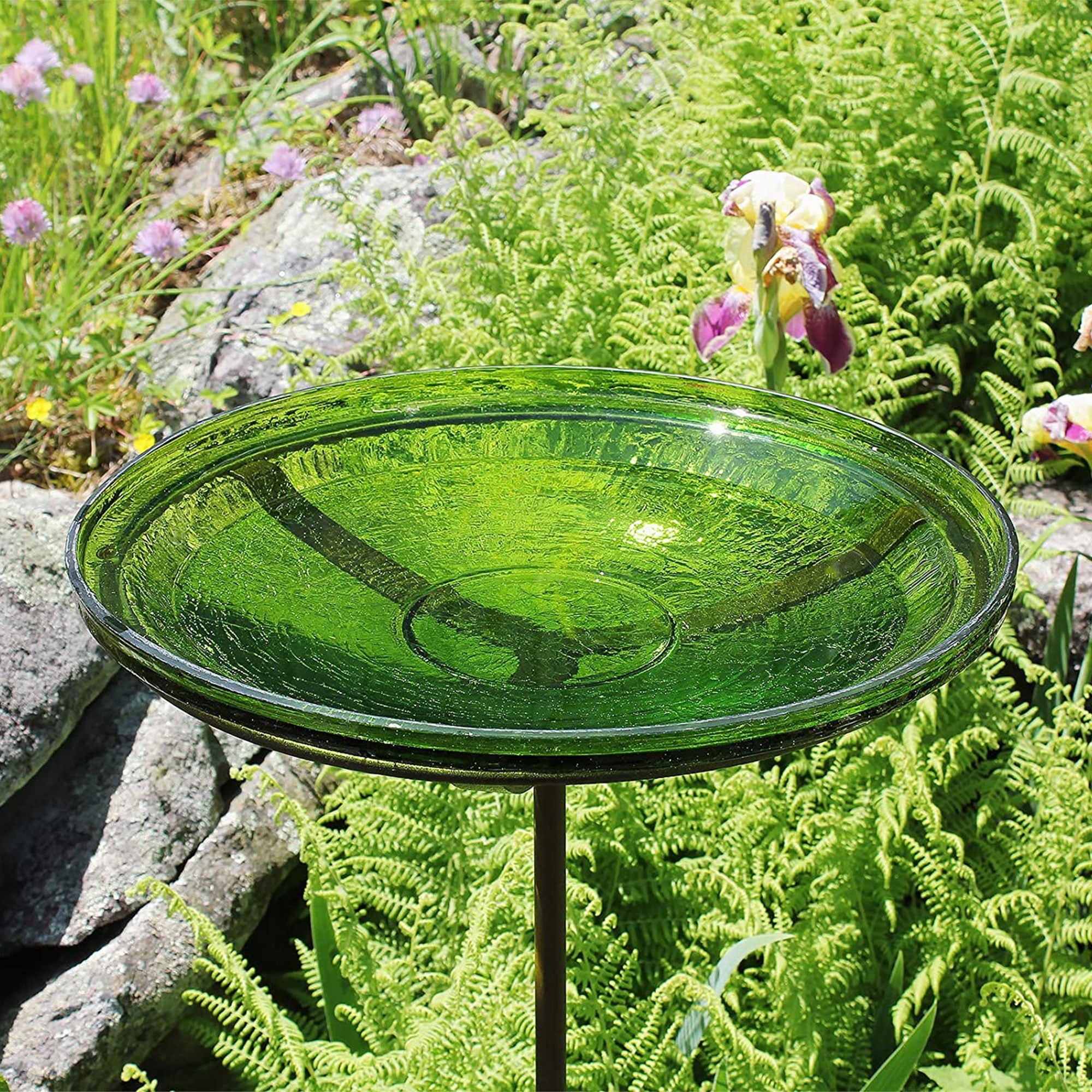 Achla Designs 14 In Hand Blown Crackle Glass Birdbath w/ Stake, Fern Green