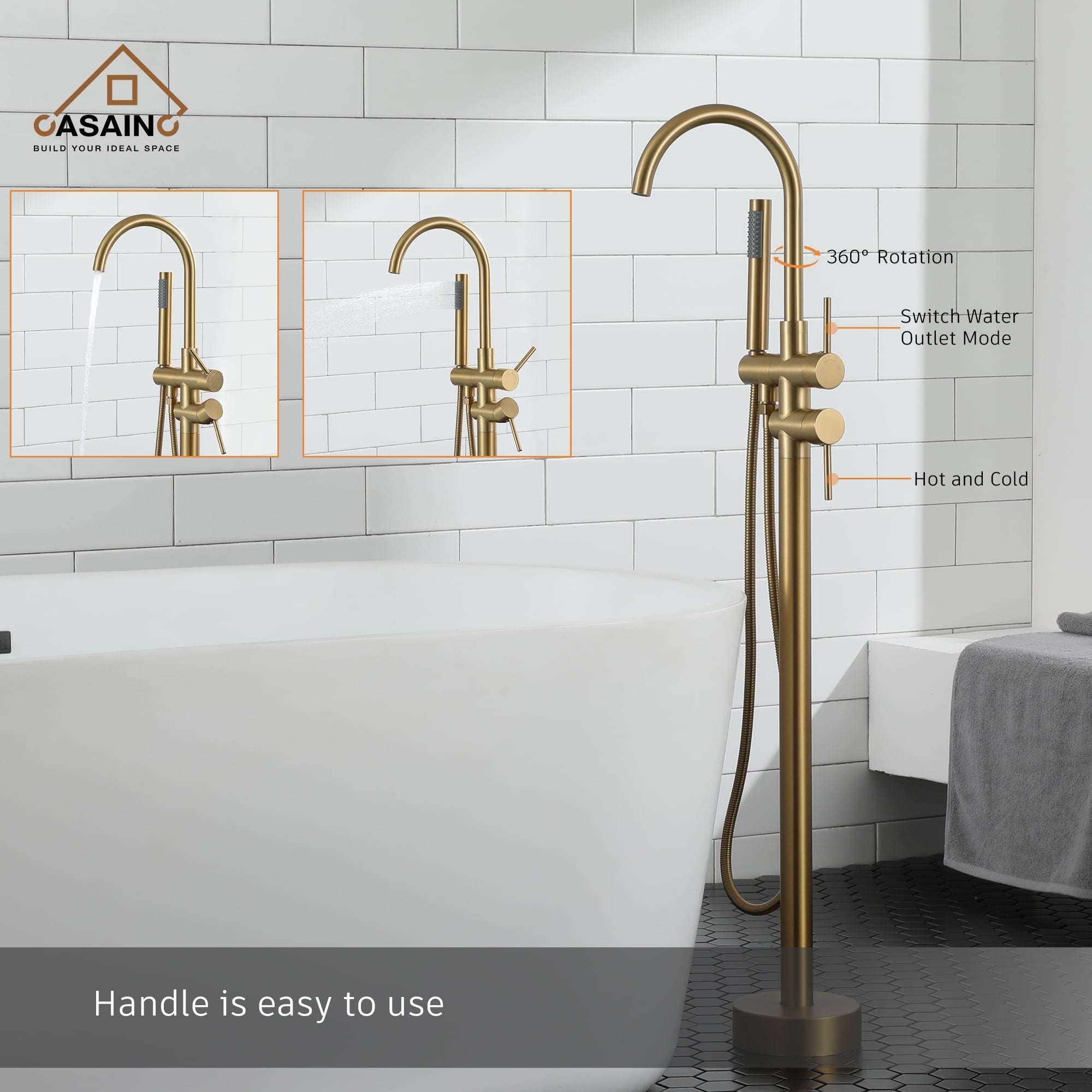 CASAINC Double-Handles Floor-Mount High Arch Tub Faucet High Flow Bathroom Tub Filler with Handshower in Brushed Brass