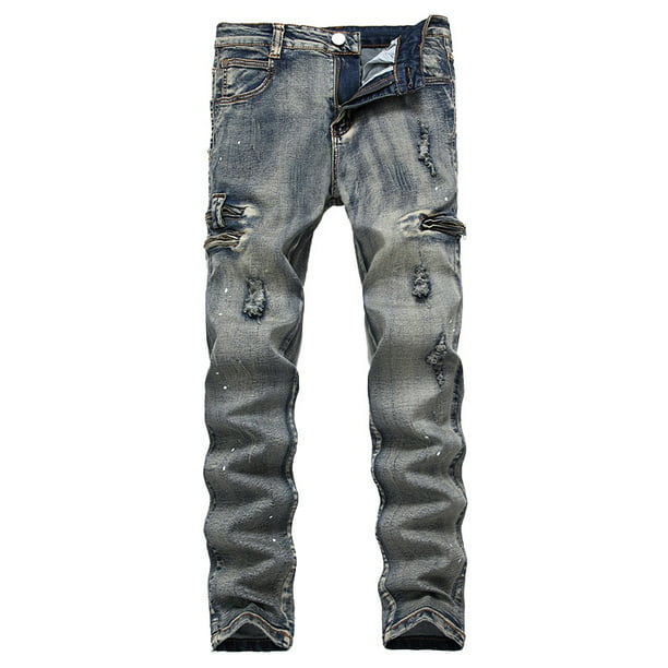 Men's Ripped Jeans Black Slim Fit Motorcycle Jeans Men Vintage Distressed  Denim Jeans Pants