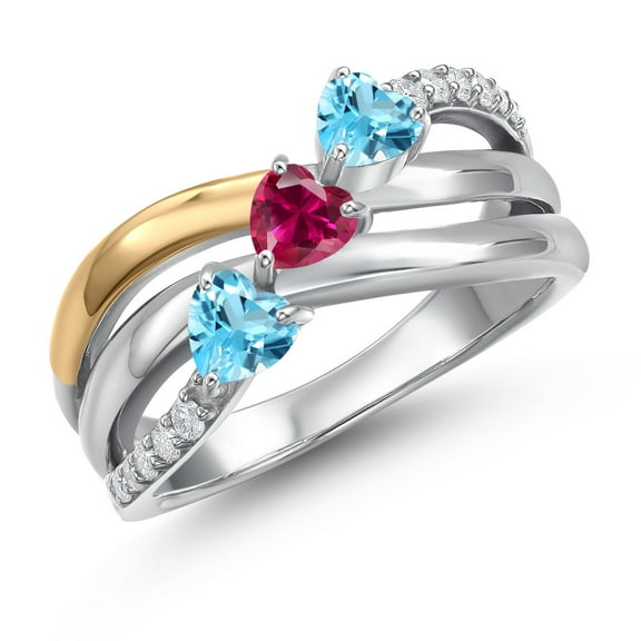 Gem Stone King 925 Silver and 10K Yellow Gold Swiss Blue Topaz and Red Created Ruby and Lab Grown Diamond Engagement Ring for Women | 1.05 Cttw | Heart Shape Gemstone November Birthstone | Size 5