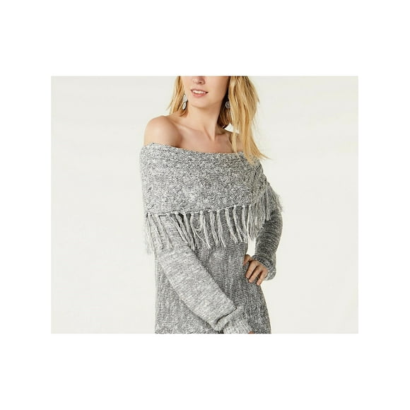 INC Womens Silver Frayed Heather Long Sleeve Off Shoulder Sweater S