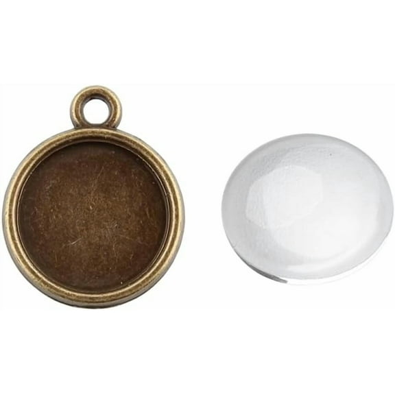 20 set Pendant Making sets with Alloy Pendant Cabochon Settings and Glass Cabochons Flat Round Nickel Free Antique Bronze Tray: 12mm 18x15x3mm Hole: 1.5mm 11.5~12x4mm