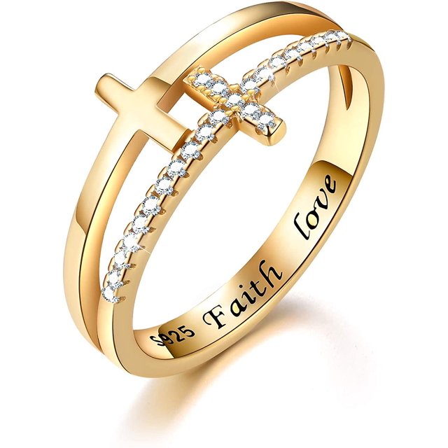 Anillo de plata de ley 925 chapado en oro de 18 quilates con circonita cúbica, anillos de doble cruz con diamantes de imitación, anillos de circonita cúbica, regalos para mujeres, niñas, mamá, ma