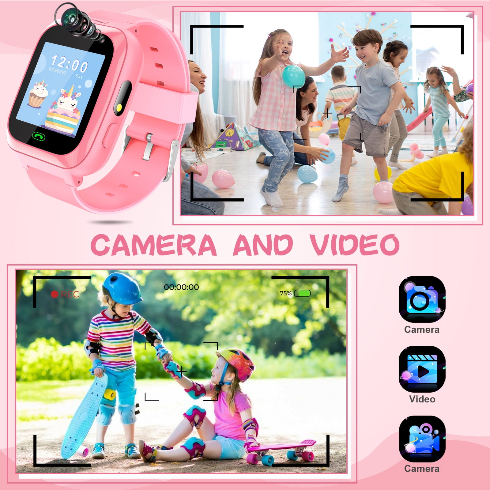 SHANNA Smart Watch for Kids, Kids Smartwatches Phone with Text and Call, Games Camera Alarm Flashlight Music Player for 3-12 Boys Girls, Pink