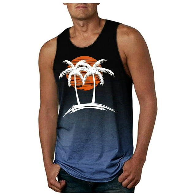 Men's Sleeveless Graphic Tank Tops Coconut Tree Print Casual Tops for Everyday Wear Beach Style Muscle Shirts