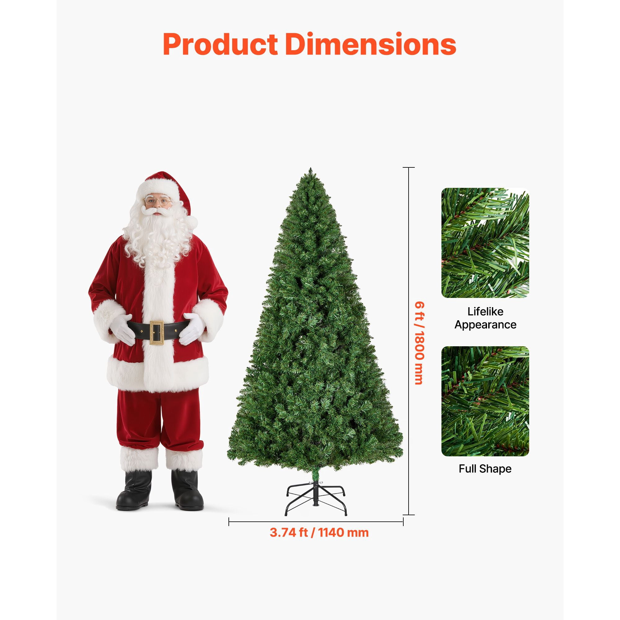 Christmas Tree, 6ft Artificial Xmas Tree, Full Holiday Decor Trees with 1250 Branch Tips & Sturdy Metal Base for Home Party Office Decoration