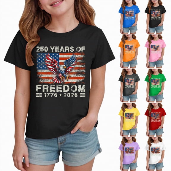 YDFCWXW Girls' 250th American Anniversary Independence 250 Years of Freedom T-Shirt (9-10 Years, Green)