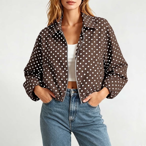 Kttetoa Jacket for Women Polka Dot Zip Up Cropped Jackets Sleeve Puff Oversized Boyfriend Style Casual Trendy Fall Winter Outerwear