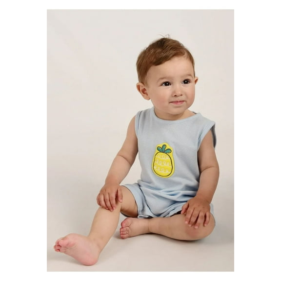 Miss&MrTuffy Baby Boy Pineapple Embroidered Summer Bodysuit | Waffle Fabric | 6–24 Months | Breathable Cotton Romper for Toddlers | Comfortable Infant Outfit for Hot Days