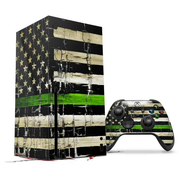 WraptorSkinz Skin Wrap compatible with the 2020 XBOX Series X Console and Controller Painted Faded and Cracked Green Line USA American Flag (XBOX NOT INCLUDED)