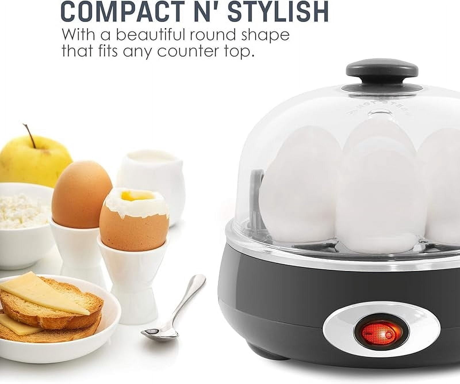 EGC007CHC# Rapid Egg Cooker, 7 Easy-To-Peel, Hard, Medium, Soft Boiled Eggs, Poacher, Omelet Maker, Auto Shut-Off, Alarm, 16-Recipe Booklet, Charcoal Grey