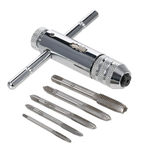 Amdohai Adjustable T-Handle Ratcheting Tap Wrench Thread Tap Handle Kit with 5pcs M3-M8 Machine Screw Thread Metric Plug Tap