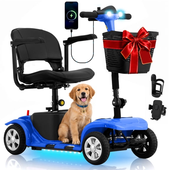 All-Terrain Mobility Scooter with USB Charge,300lbs Foldable Powered Wheelchair for Adult,Compact Heavy Duty Mobile for Travel,Removable Battery,Blue
