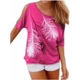 thumbnail image 1 of Uhndy Off Shoulder Women's Printed Cotton T-Shirt ,Women's Feather Print Short Sleeve Top, Print Off Shoulder Blouse, 1 of 2
