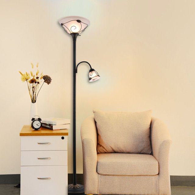ETL Listed Torchiere Floor Lamp w/ Side Reading Lamp Dark-bronze Painted Finish