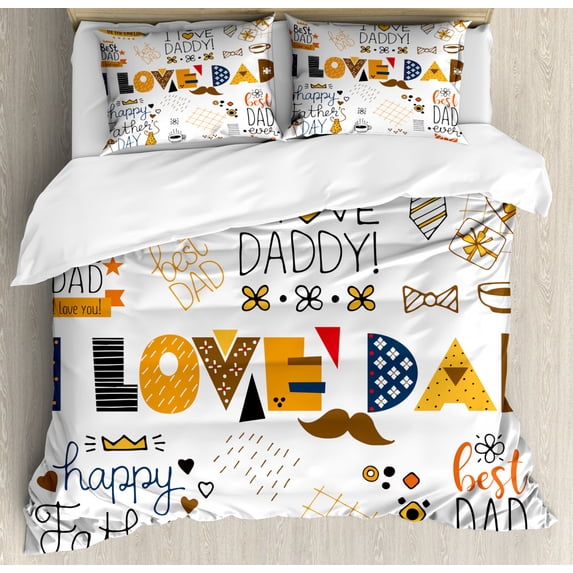 Father's Day Duvet Cover Set King Size, I Love Dad Doodle Style Hand Drawn Items, Decorative 3 Piece Bedding Set with 2 Pillow Shams, Orange Charcoal Grey Dark Slate Blue and Umber, by Ambesonne