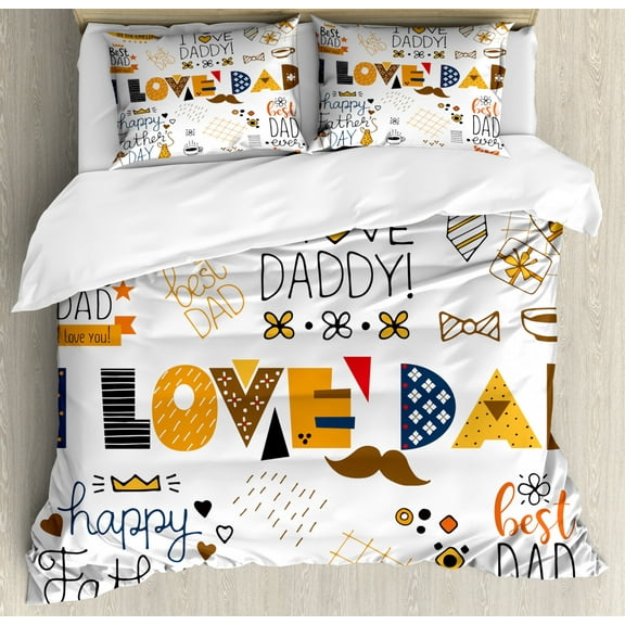 Father's Day Duvet Cover Set Queen Size, I Love Dad Doodle Style Hand Drawn Items, Decorative 3 Piece Bedding Set with 2 Pillow Shams, Orange Charcoal Grey Dark Slate Blue and Umber, by Ambesonne