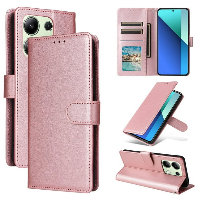 Wallet With Card Slot Kickstand Magnetic Flip Leather Case For Xiaomi Redmi Note 13 Pro Plus 12 12S 11 11S 10 10S 9 Pro 8T 7 Rose gold Redmi Note 8
