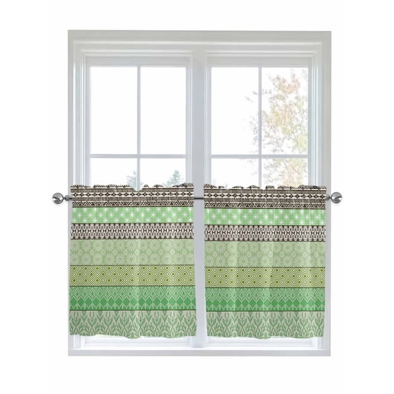 Sage Green Grey Boho 2 Panel Kitchen Curtains for Small Windows, Vintage Ethnic Tribe Abstract Art Bathroom Tier Curtain, Short Window Treatment for Bedroom/Living Room 55"x36"