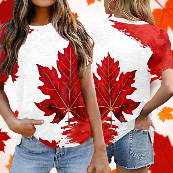 Graphic Tees for Women Canadian Themed Graphic Tee for Women Casual Short Sleeve Crewneck Everyday Comfortable Patriotic Holiday Apparel for Daily Wear Blue XL