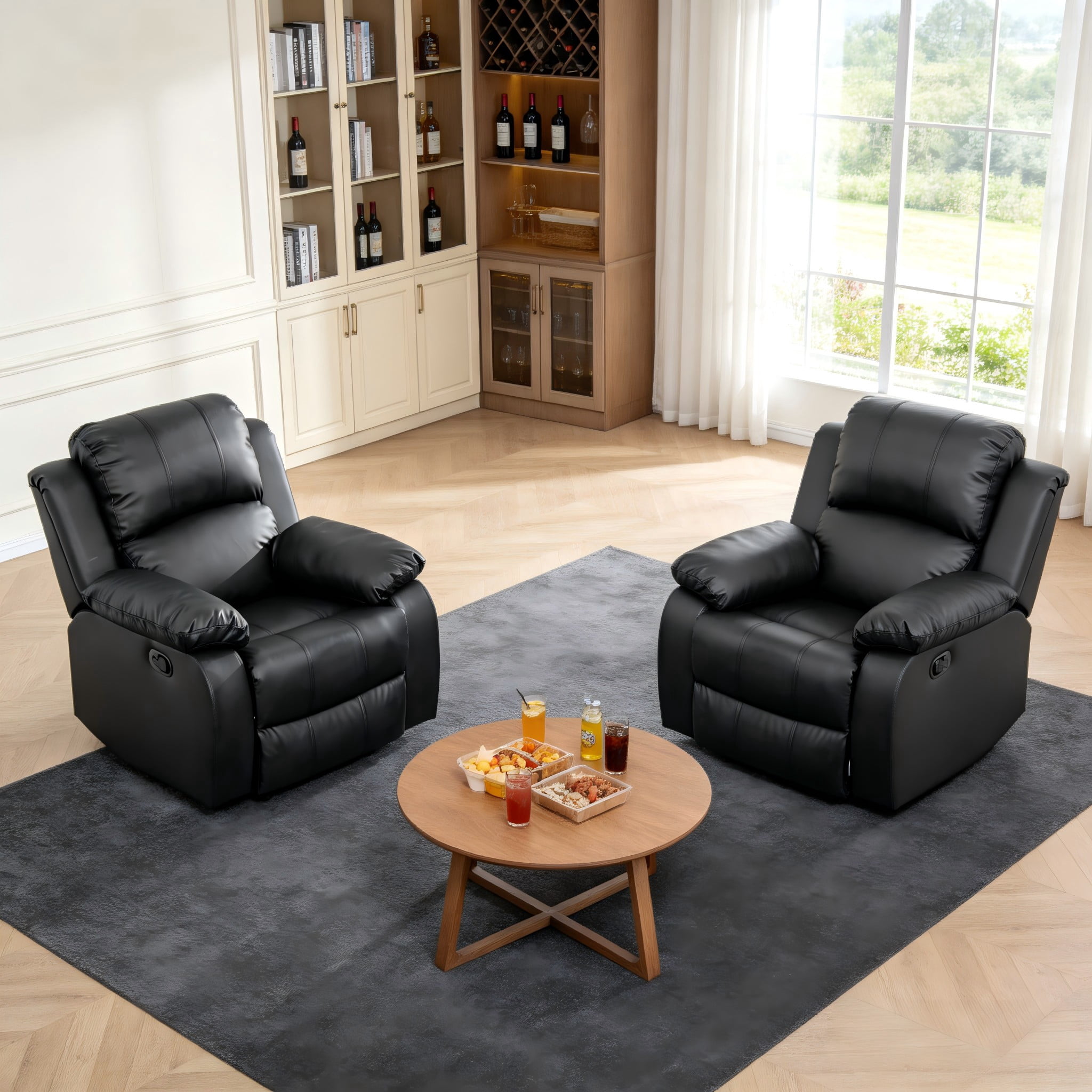 BSHTI PU Manual Recliner Chair Set of 2 – Single Sofa Recliners with Adjustable Backrest, High-Density Foam, Hardwood Frame – Comfort Lazy Chair for Living Room, Bedroom, Black