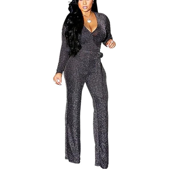 Sparkly Sequin Wide Leg Jumpsuits for Women Long Sleeve Plus Size V Neck Sexy Elegant One Piece Pants Rompers Belt