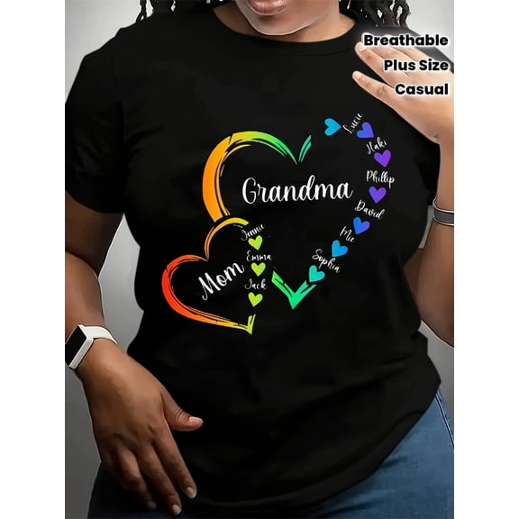 Personalized Grandma Mom T-Shirt with Custom Family Names, Vibrant Hearts Graphic Tee for Women, Breathable Plus Size Casual Mother's Day Birthday Gift