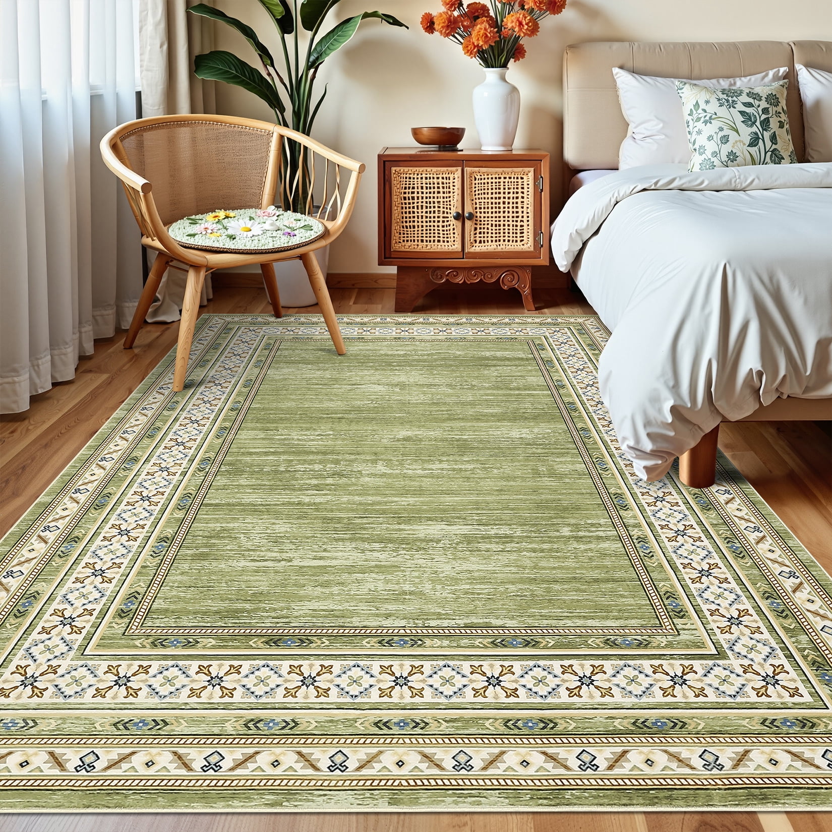 Garvee 5'x7' Area Rug Modern Bordered Rug Floral Rug Washable Rugs Soft Foldable Accent Rugs for Living Room Bedroom, Green