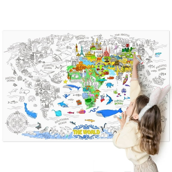 Jar Melo Giant Coloring Poster for Kids; World Map Jumbo Wall Coloring Poster, 45.3" x 31.5", Learning & Education Toys for Boys and Girls, Drawing Fun-Super Painter