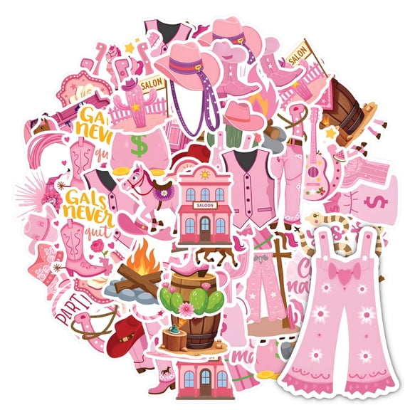 35pcs-50pcs Pink Sticker Pack Stationery Stickers Western Children Stickers Cowgirl Stickers for Luggage Suitcase Phone
