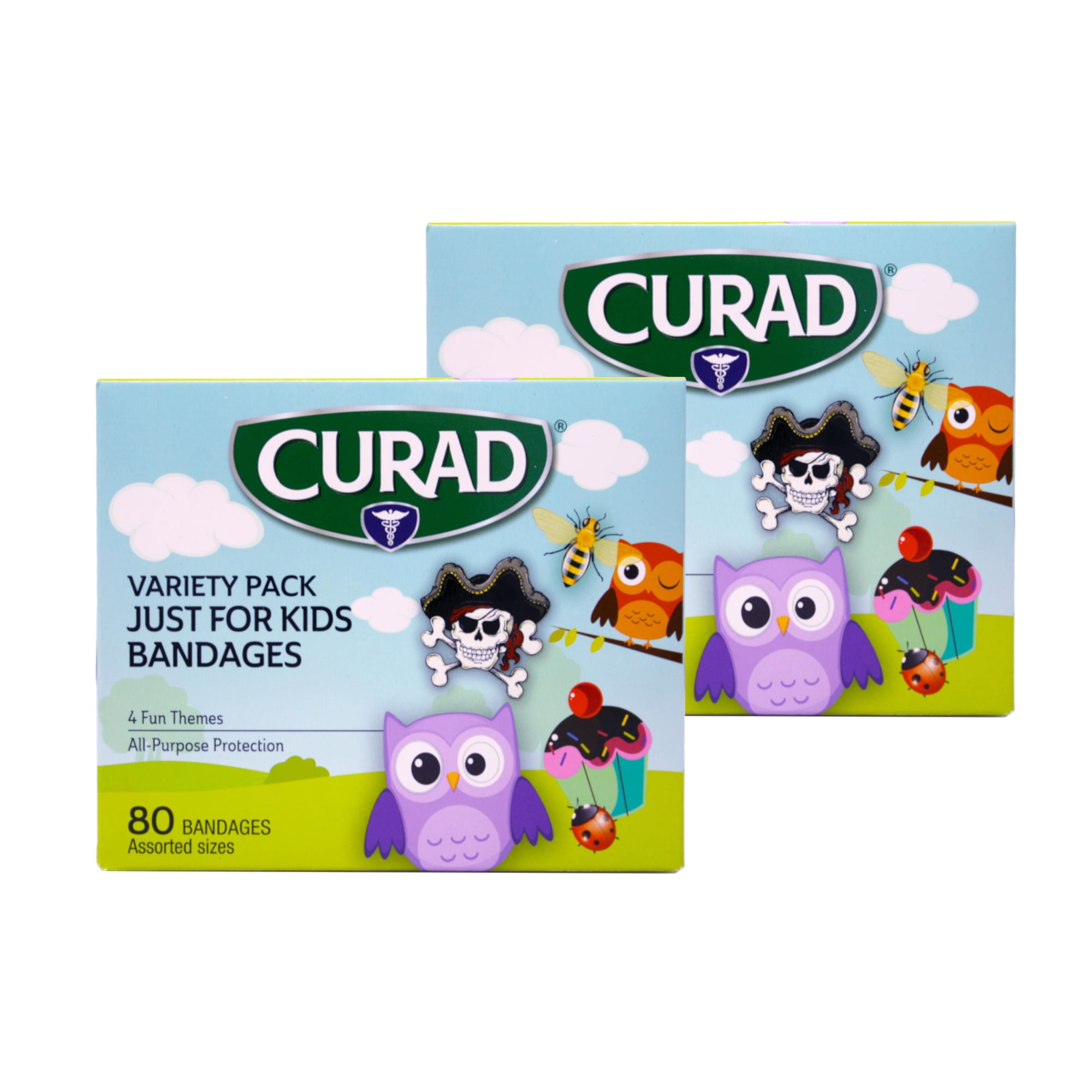 2 Pack - Curad Just for Kids Bandages, 4 Fun Themes, Colorful, All-Purpose Protection Plastic Bandages, 4-Sided Seal, Variety of Sizes, 80 Count