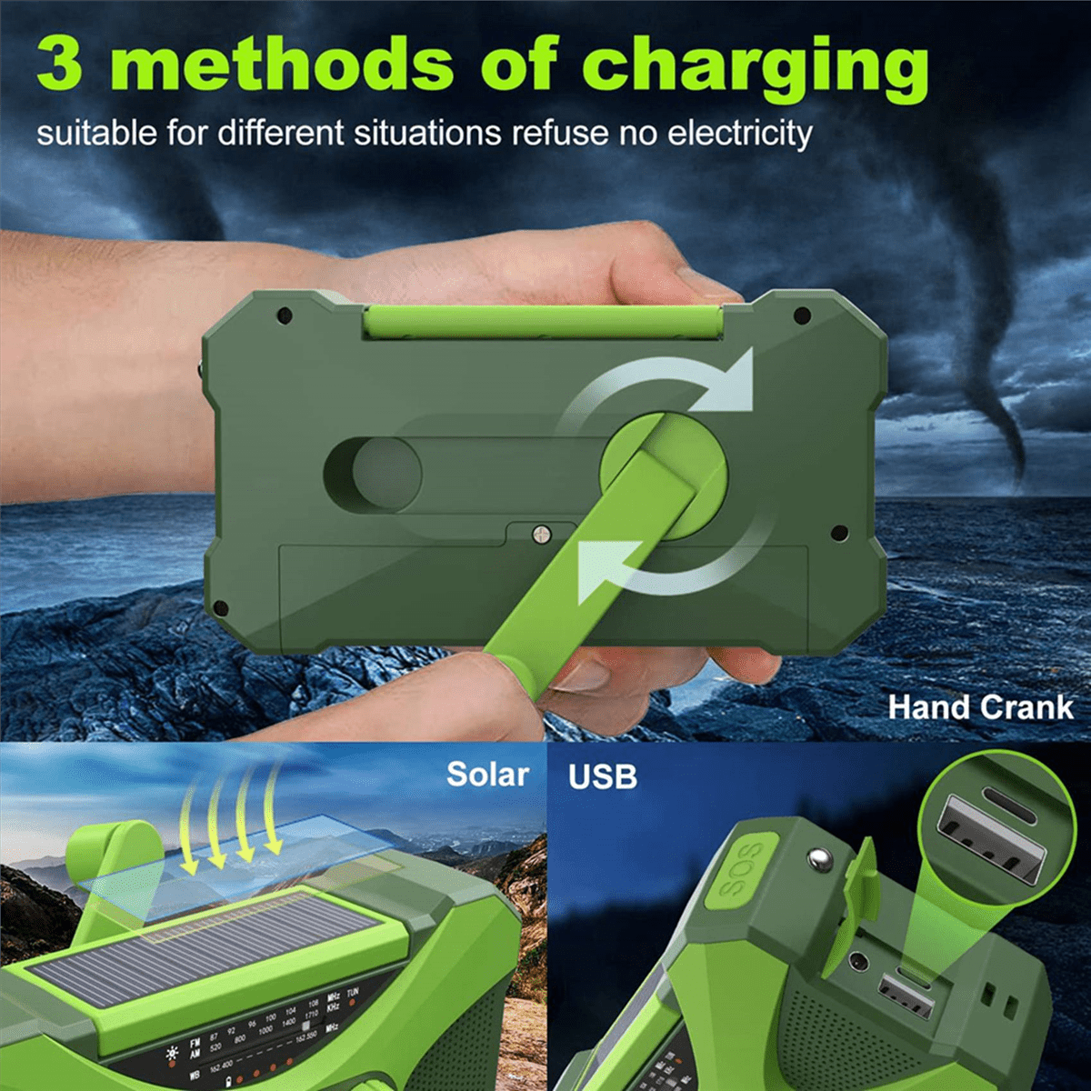 3X 10000MAh Emergency Radio, Solar Hand Crank Radio, Portable Radio with Phone Charger, LED Flashlight Green,3 x Emergency weather radio 3 x Type-C charging cable 3 x Lanyard 3 x English Manual,Green