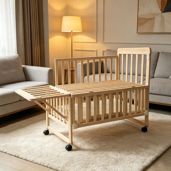 MIDOQIN 5-in-1 Mini Baby Crib, Convertible Rocking Folding Portable Bassinet Bedside Sleeper Playard & Toddler Bed with Storage Compartment,Wheels,Natural Pine Wood