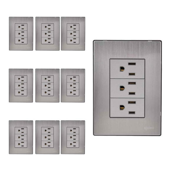 Placa Armada Inoxidable 3 Contactos De Un Modulo Plata 10Pzs Igoto INOX1004