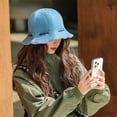 thumbnail image 5 of 56-58cm hat circumference retro denim double-sided fisherman hat female summer ruffled sun hat with windproof drawstring - Light denim beige, 5 of 5