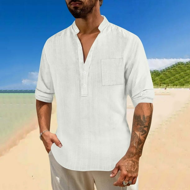 pstuiky Camisas casuales de manga larga para hombre, Camisa holgada informal con bolsillos ventilados y botones para hombre, cuello alto y mangas largas Tops de talla grande para hombre xxl