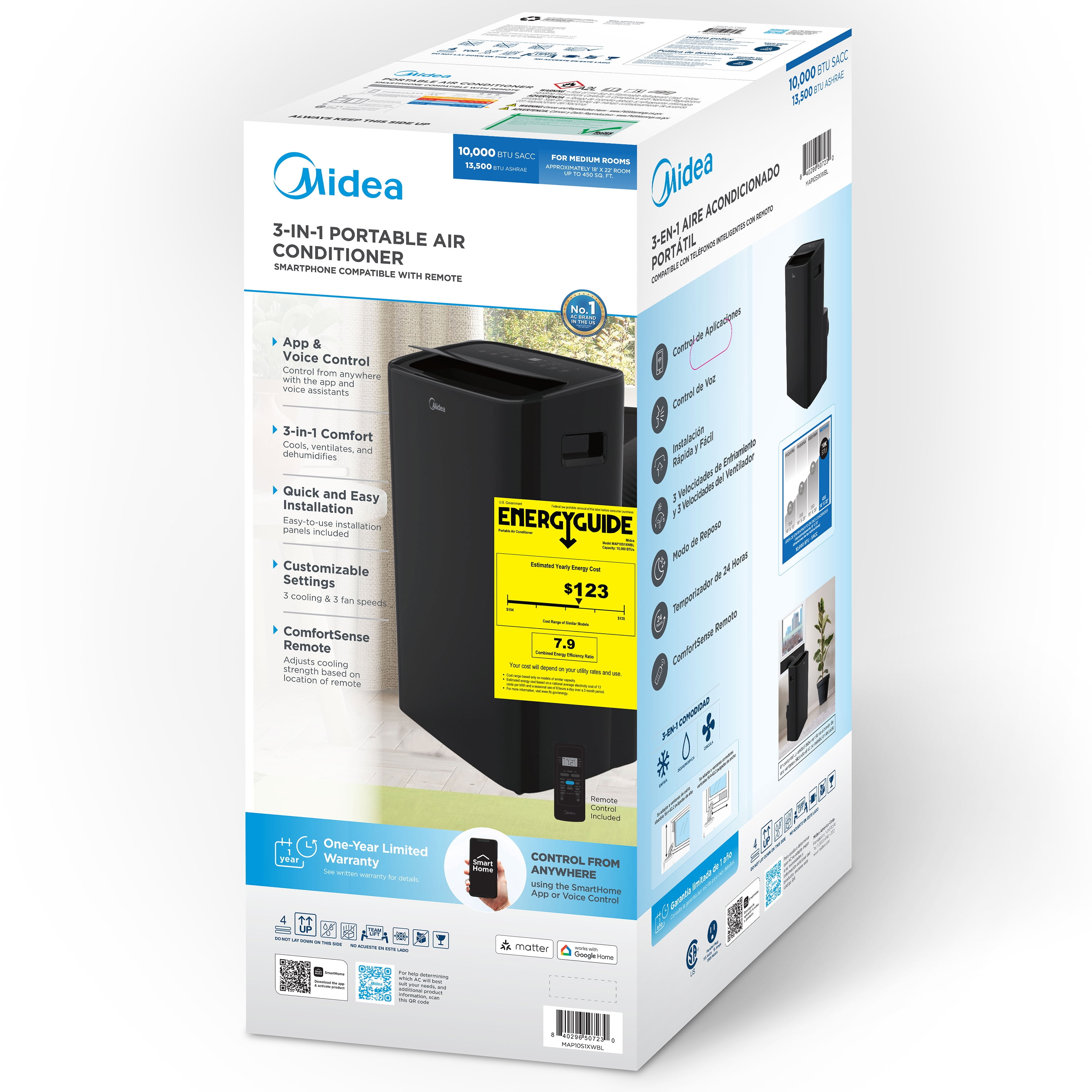 Midea 10,000 BTU (13,500 ASHRAE) 115V Smart Portable Air Conditioner with Remote, App and Voice Control, Covers up to 450 Sq. ft., MAP10S1XWBL, Black