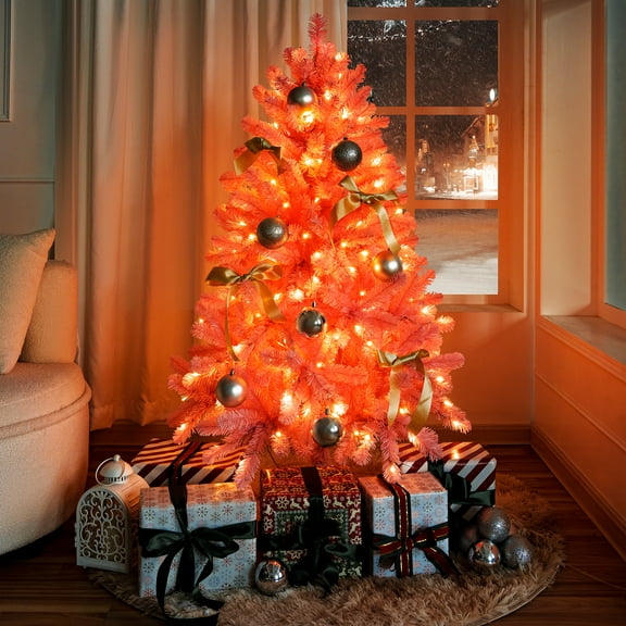 Naomi Home 4.5ft Pink Christmas Tree with Lights, Unique Colored Christmas Tree Prelit with 436 Branch Tips, 200 Warm Lights and Metal Stand, Aritificial Christmas Tree