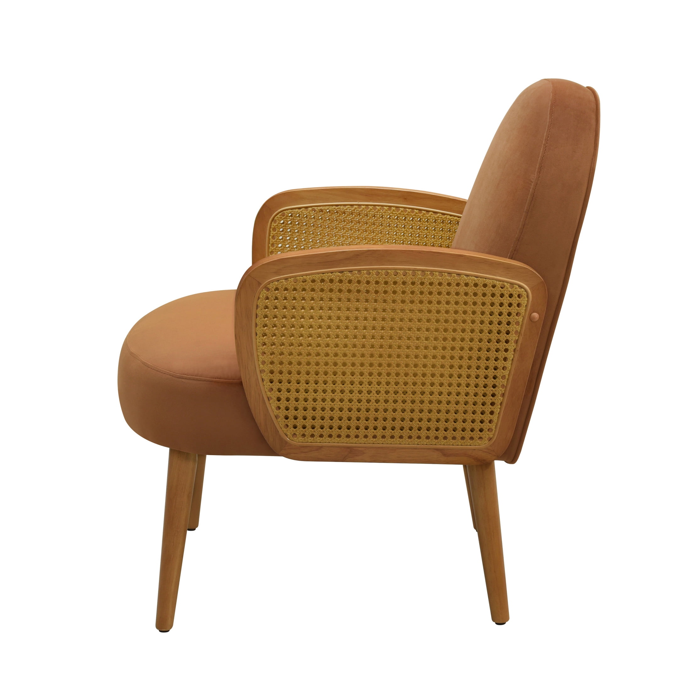 Christopher Knight Home Miles Mid-Century Velvet Upholstered Accent Chair with Rattan Armrests, Solid Wood Legs, Brown