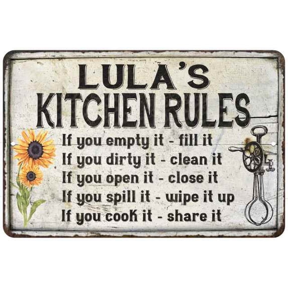 Lula's Kitchen Rules Chic Sign Vintage Décor 8 x 12 Matte Finish Metal 108120032360