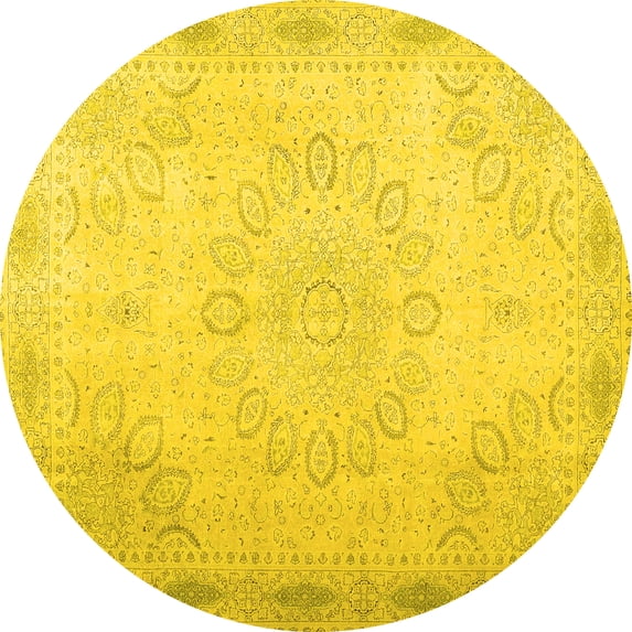 Ahgly Company Machine Washable Indoor Round Abstract Yellow Contemporary Area Rugs, 8' Round