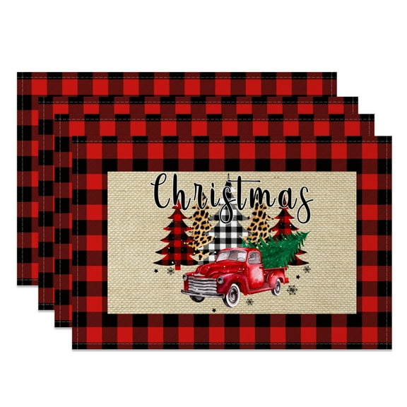 SUNOLIFE Christmas Tree Placemats Set of 4,Winter Buffalo Plaid Table Place Mats 12x18 inch