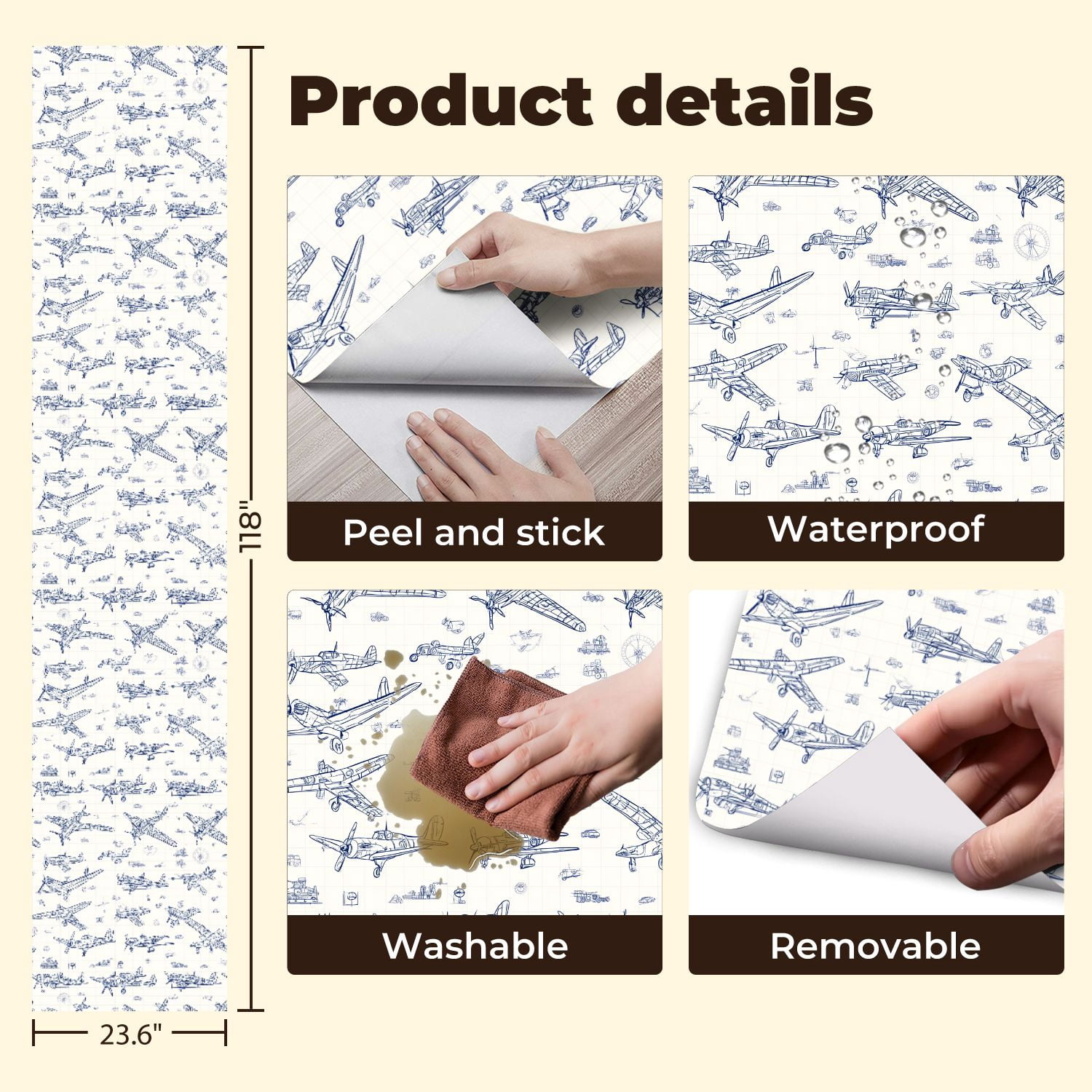 Peel and Stick Wallpaper Vintage Blueprint Airplanes Technical Wall Mural 23.6in x 9.8ft Self Adhesive Removable Wall Paper Renter Friendly Wallpaper for Nursery Bedroom Cabinets