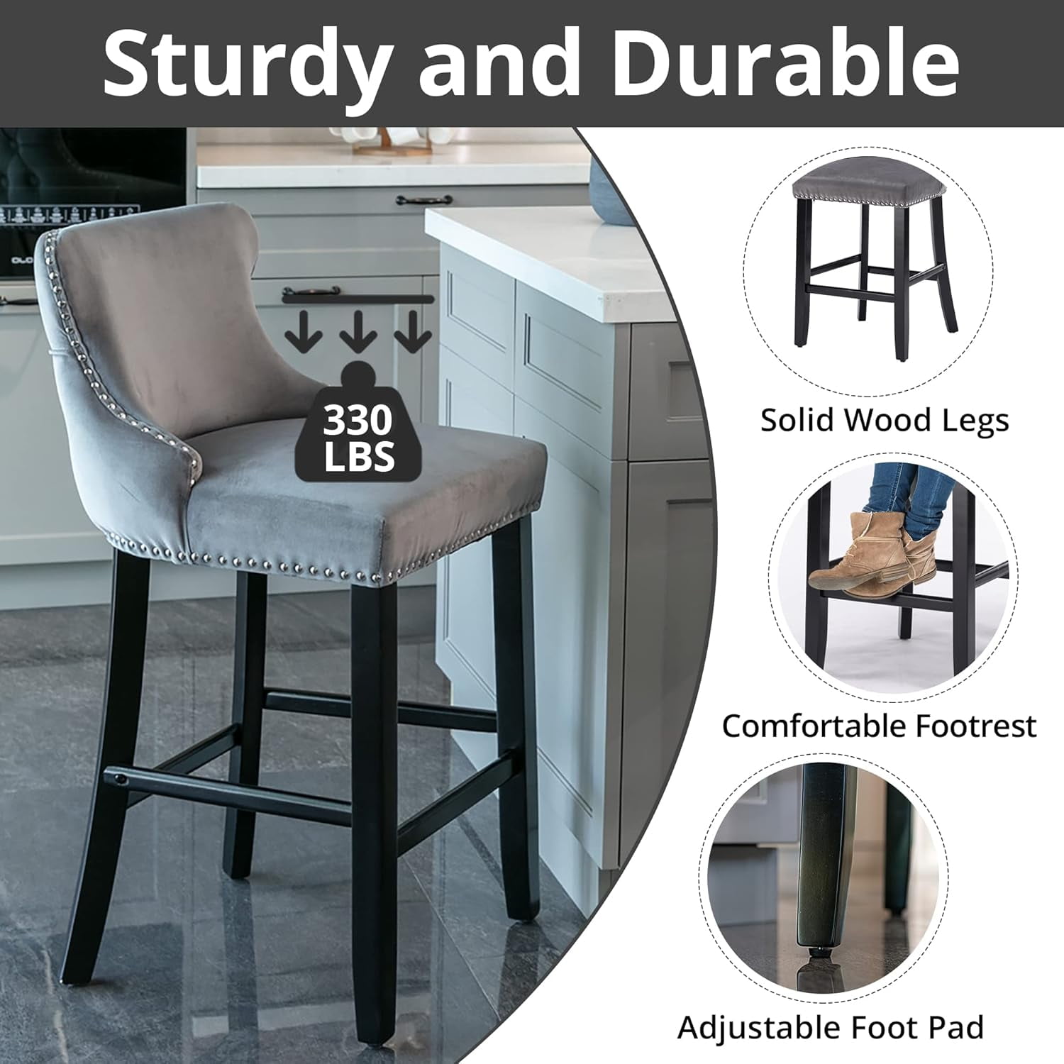 Velvet Wing-Back Bar Stools Set of 2, Button Tufted with Nailhead Trim & Solid Wood Legs, Counter Height Bar Chairs for Kitchen Island Dining Room Pub，Gray