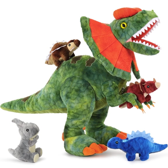 17.7 Inch Large Dinosaur Plush Toy Set, Green Stuffed Dinosaur with 4 Baby Dinosaur Plush Toys, Soft Dino Stuffed Animal Playset with Zipper Storage, Kids Birthday Holiday Gift