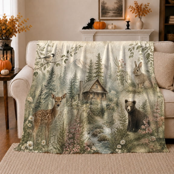 Woodland Cabin Retreat Bear Deer Vintage Forest Scene, Peaceful Woodland Scene, Warm Flannel Blanket for Living Room and Reading Nook, Wildlife Lovers Friendship Gift, Artistic Home Decor