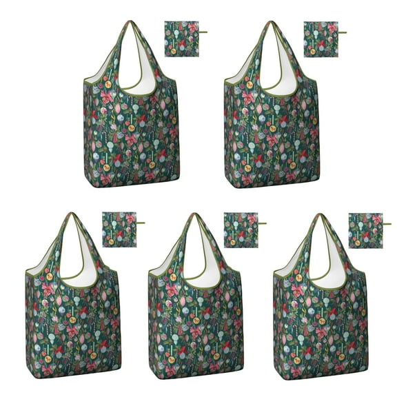 5 Pack Foldable Shopping Bag,Dark Green Christmas Ornament Pattern Reusable Grocery Bags with Pockets,Large Reusable Tote Bags with Handles Waterproof & Lightweight