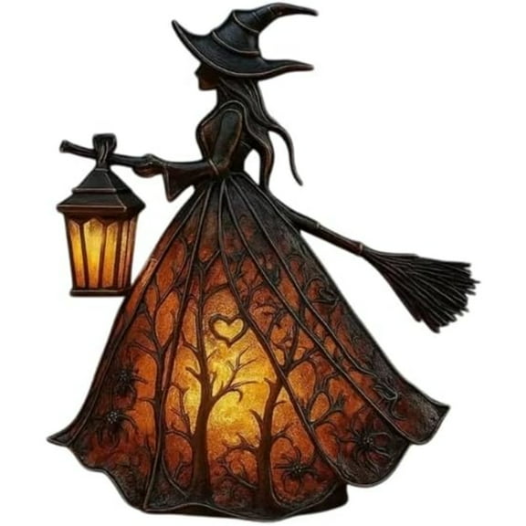 Halloween Witch Lamp, Witch Decoration with Lantern, Small Stained Glass Witch Figurine Light – Suitable for Home Bookshelves, Mantels, Kitchens, Porches, Tabletop Decor, Party Decorations & Gifts