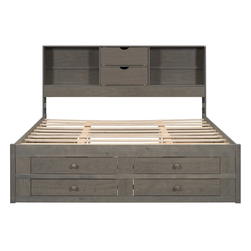 King Size Platform Bed with Bookcase Headboard, Storage Wooden Bed Frame with 8 Drawers